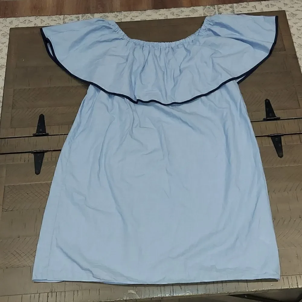 J. Crew Light Blue Chambray Ruffle Off Shoulder Dress Sz S